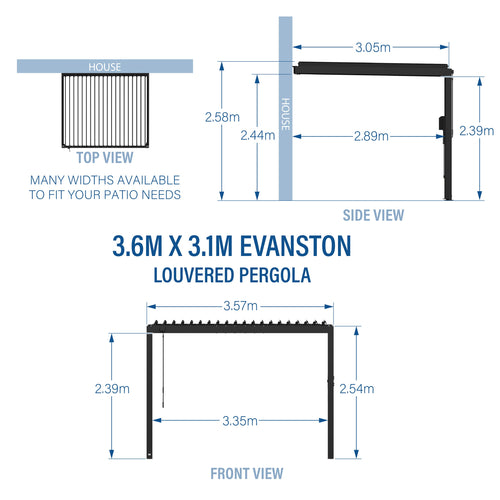 3.6m x 3.1m (12ft x 10ft) Evanston Wall Mounted Louvered Pergola